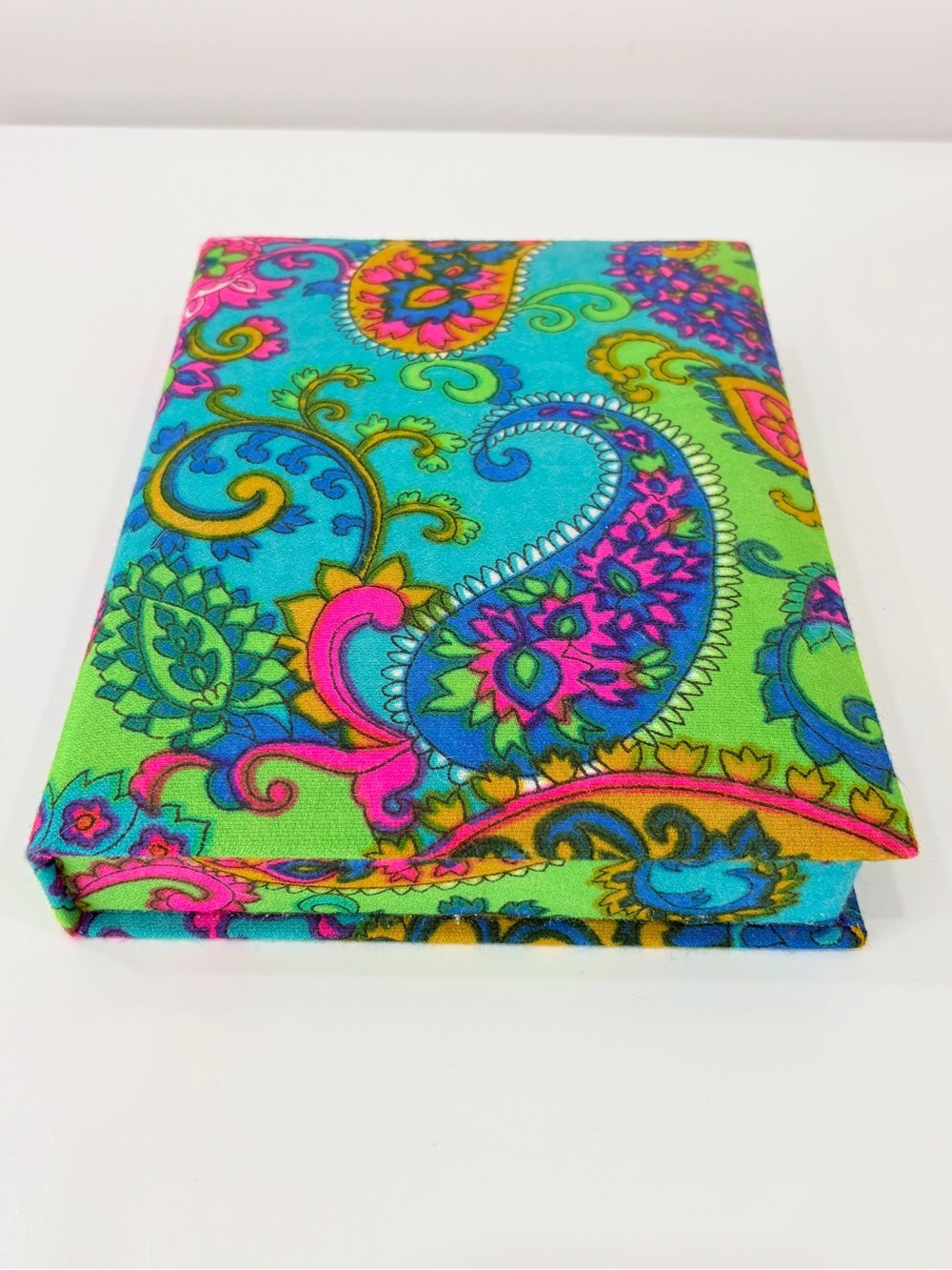 Fabric Box Bright and Bold Paisley Book Shaped Secret Storage Trinket Box
